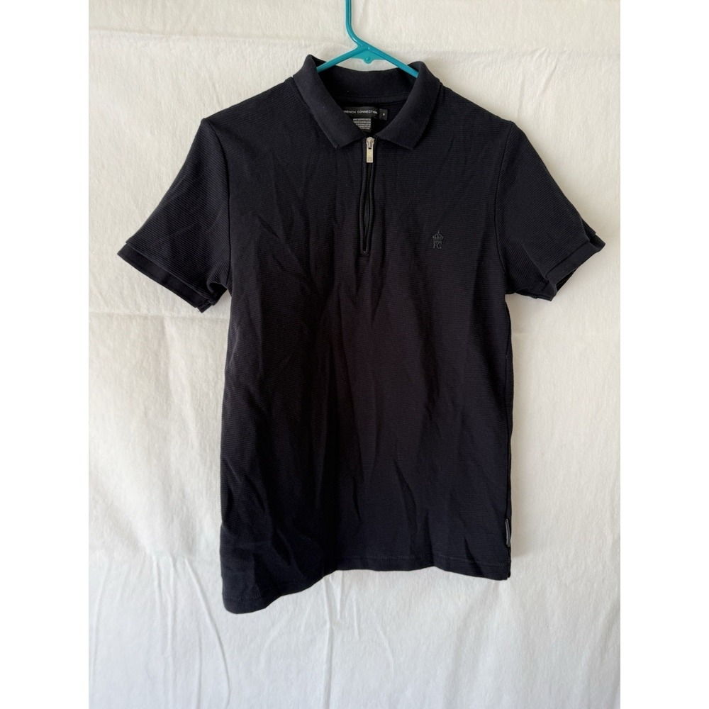 French Connection Polo Shirt Mens Small S Black 1/4 Zip Quarter Ribbed Cotton